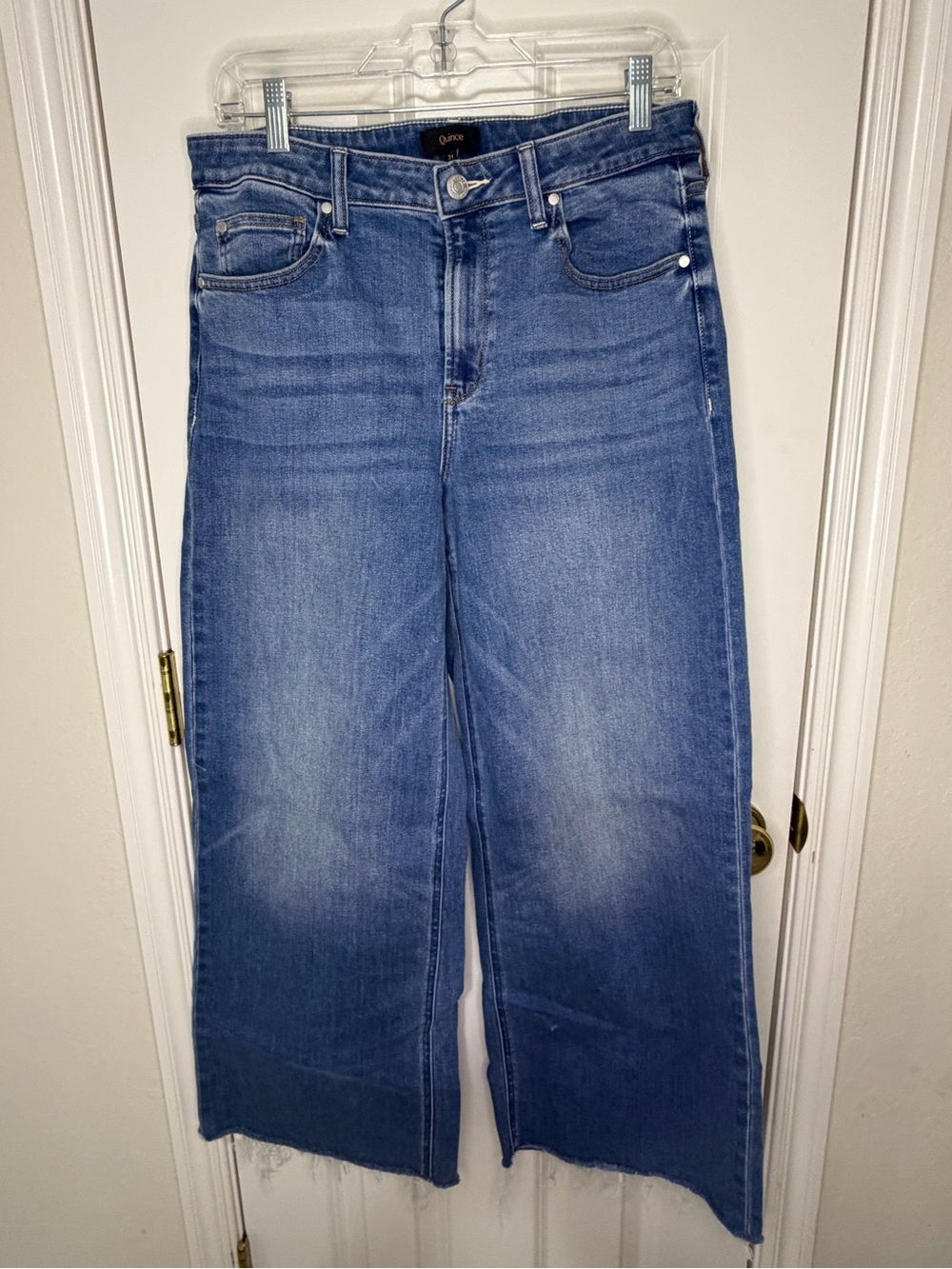 Quince Wide-Leg High-Rise Jeans in Medium Blue with Raw Hem size 31